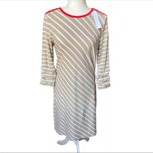 NWT E.L.I 3/4 Sleeve Striped Midi T-Shirt Dress Khaki White Ruching SZ Small